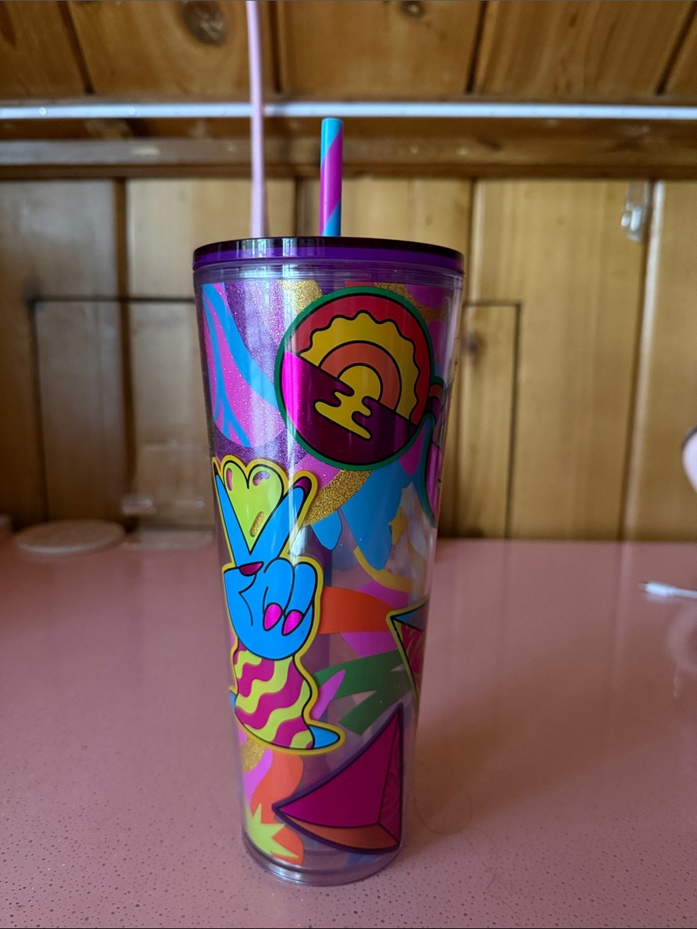 Colorful Neon Patterned Travel Tumbler with Straw - Purple Accent